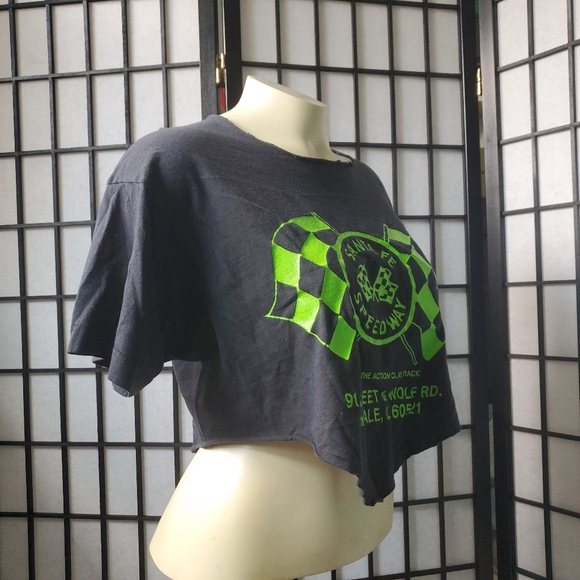 Vintage Santa Fe Speedway Custom Cropped Black Midriff T-shirt / Green on Black - Picture 8 of 15